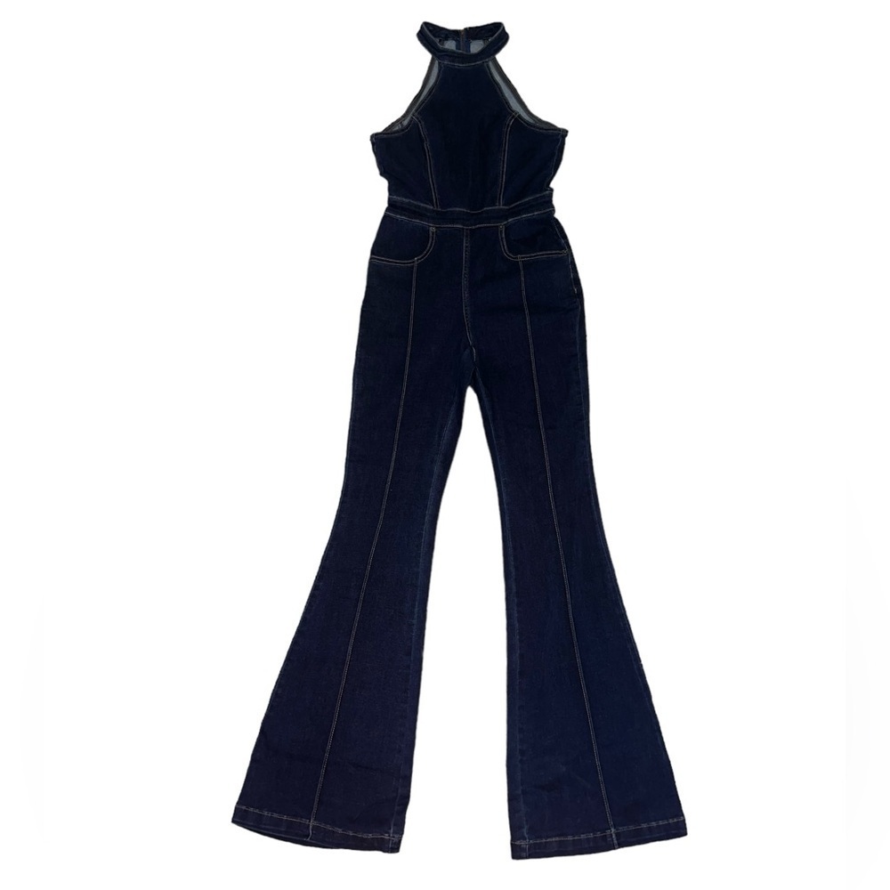 NWOT We The Free CRVY Sydney Halter Denim Jumpsuit in Dark Wash Size 2 Boho